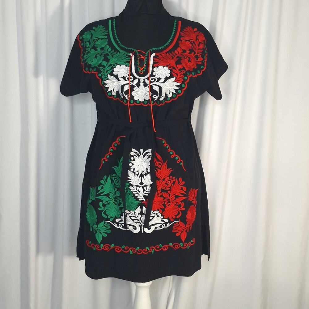Mexican Style Floral Embroidered Dress Tunic XXL Black Cotton Boho Lace Up
